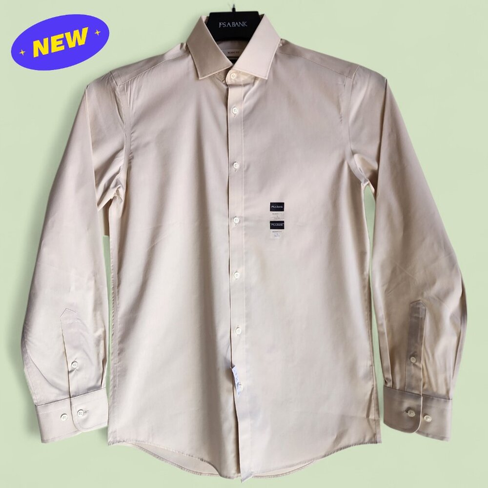 15 32/33 Beige Skinny Fit Dress Shirt Jos A Bank Mens New Stretch Long Sleeve Sz